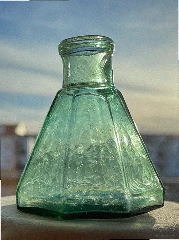 ANTIQUE TEAL, UMBRELLA INK, PONTIL, 8 SIDED ROLLED APPLIED LIP, CRUDE, NICE